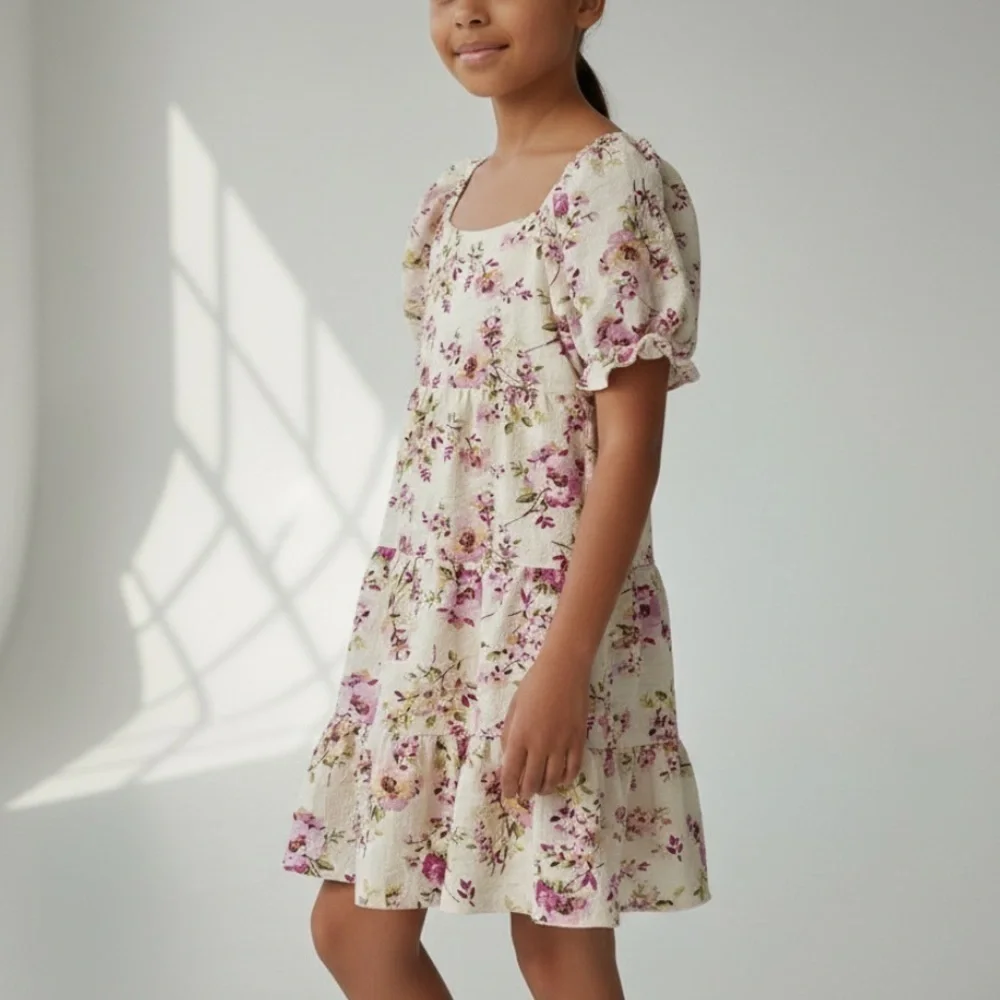 Lilt Cream Pink Floral Puff Sleeve Dress Size 7